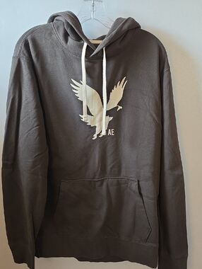 Mens American Eagle Outfitters Grey Hoodie with Cream Eagle Logo